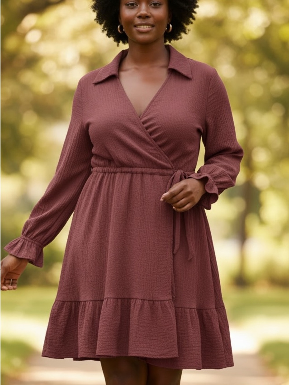 Maurices Dusty Rose Wrap Dress XL Tie Waist Long Sleeve Tiered Boho Dress